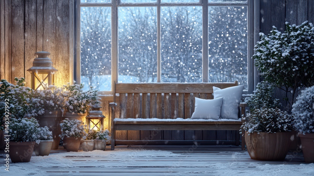A rustic winter garden room with a wooden bench, frost-covered potted plants, soft glowing lanterns, and a large window showcasing A rustic winter garden room with a wooden bench, frost-covered potted plants, soft glowing lanterns, and a large window showcasing