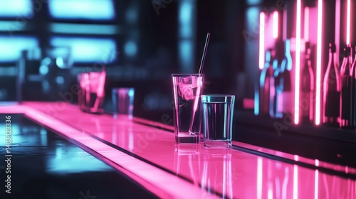 Vibrant bar scene featuring illuminated glasses with drinks on a glowing counter in a nightlife setting