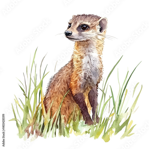 watercolor of Mongoose Alert In The Grass, vector, isolated on a white background.