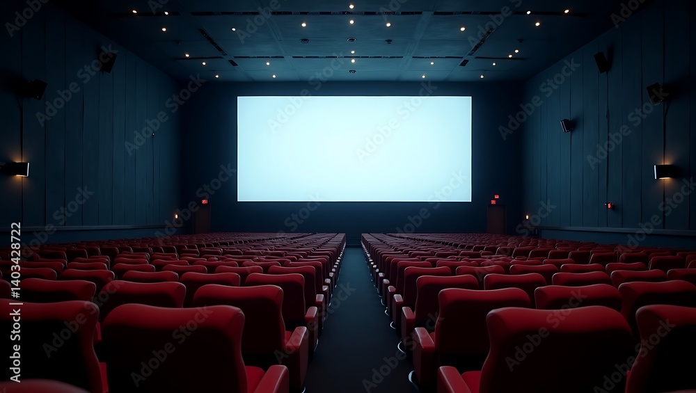 Fototapeta premium Empty Cinema Hall with Red Seats and Large Blank Screen Movie Theater Interior Background