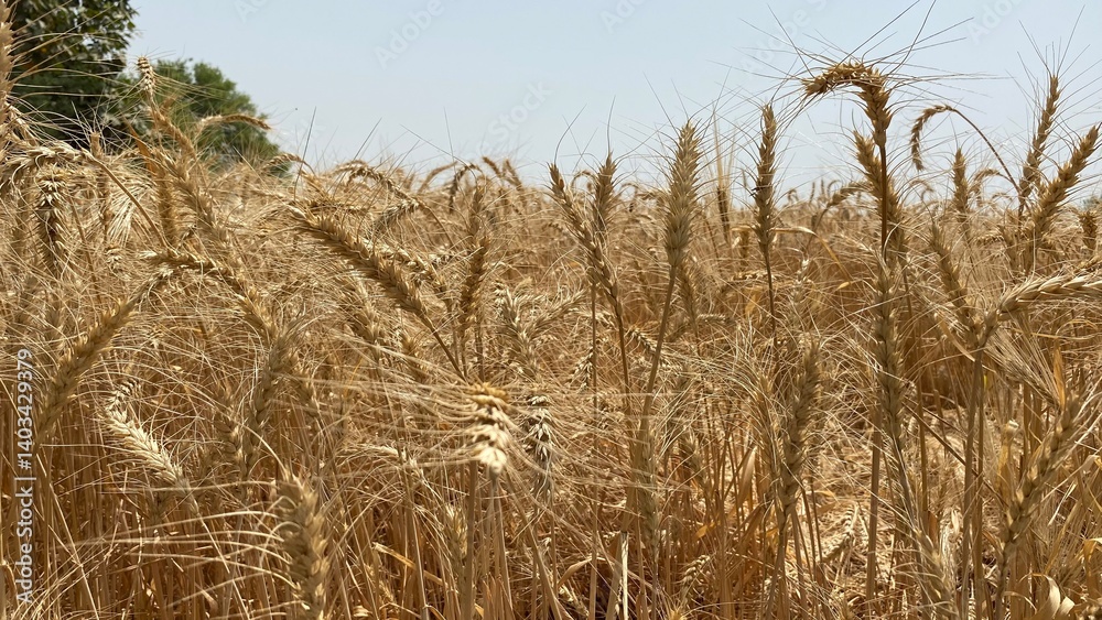 Fototapeta premium Golden Wheat Fields at Sunset – Rural Landscape in Pakistan