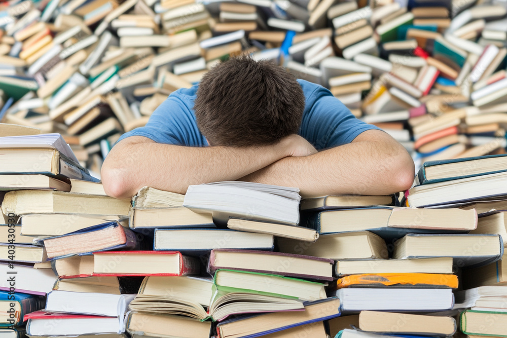 Navigating chaos of work and study life amidst towering stacks of books Navigating chaos of work and study life amidst towering stacks of books