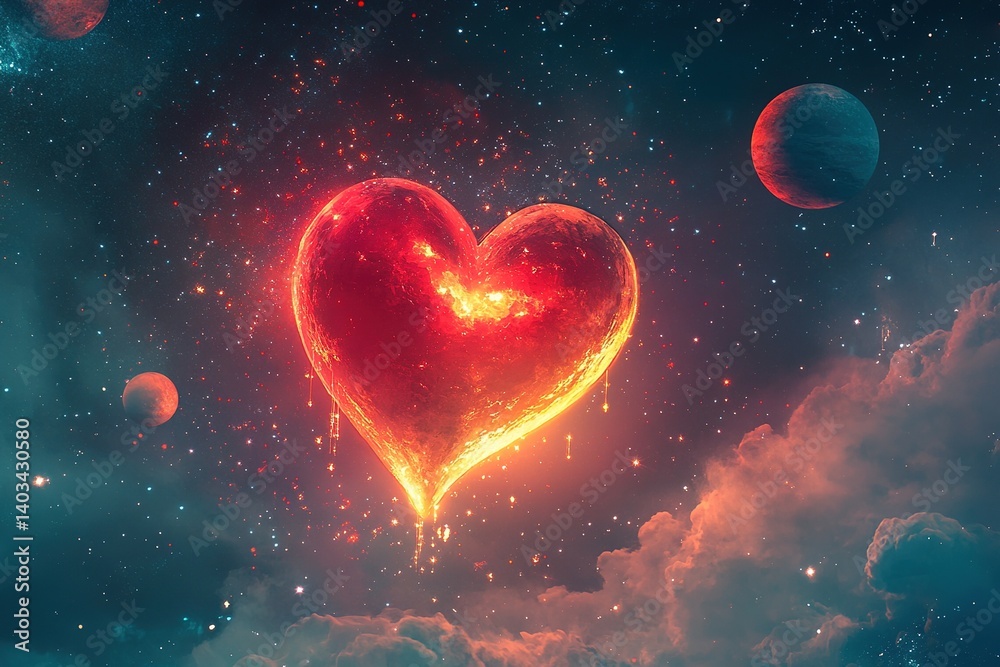 Obraz premium Celestial Heart: Glowing Heart in Cosmic Sky among Planets and Starry Sky