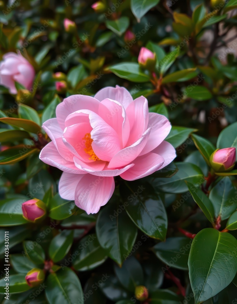 Delicate pink camellia, vibrant green foliage, blossom, soft Delicate pink camellia, vibrant green foliage, blossom, soft