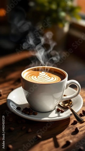 Aromatic steam rising from a freshly brewed cup of black coffee, sitting on a wooden table bathed in warm sunlight, creating a cozy and inviting atmosphere