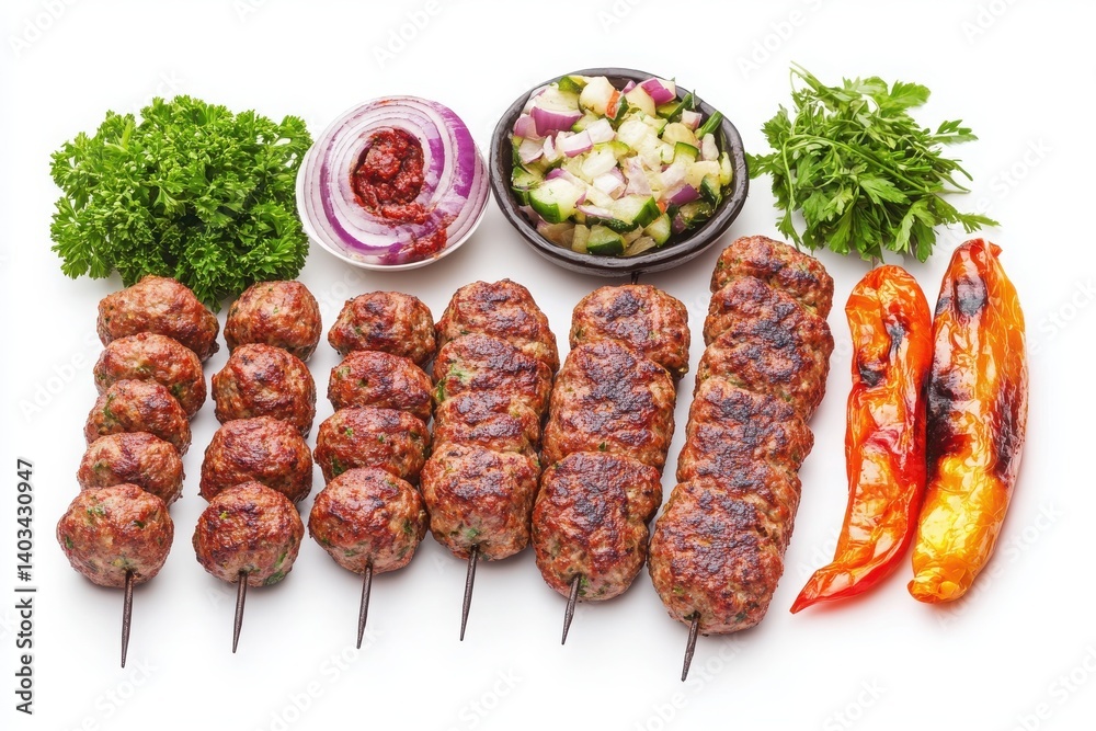 Isolated set of flavorful Turkish kofte meatballs on white background. Isolated set of flavorful Turkish kofte meatballs on white background.