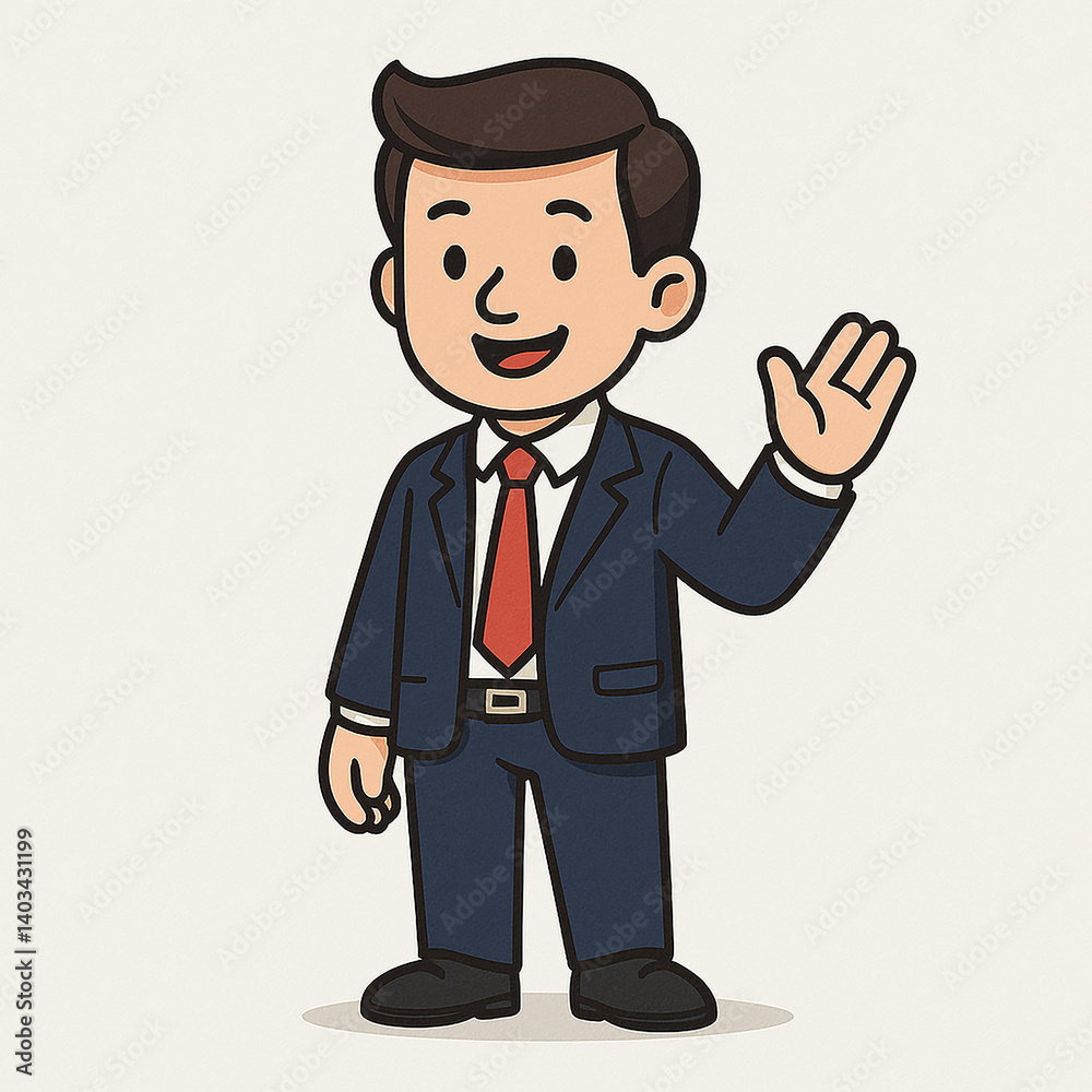 Cartoon Businessman in Suit Waving Hello Displaying a Friendly Gesture Cartoon Businessman in Suit Waving Hello Displaying a Friendly Gesture