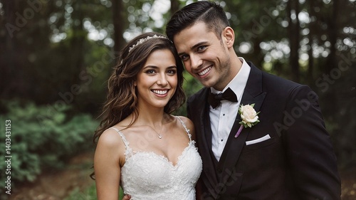 Smiling bride and groom celebrating their wedding day in a serene forest, dressed in elegant attire and posing together for a beautiful portrait amidst nature's greenery
