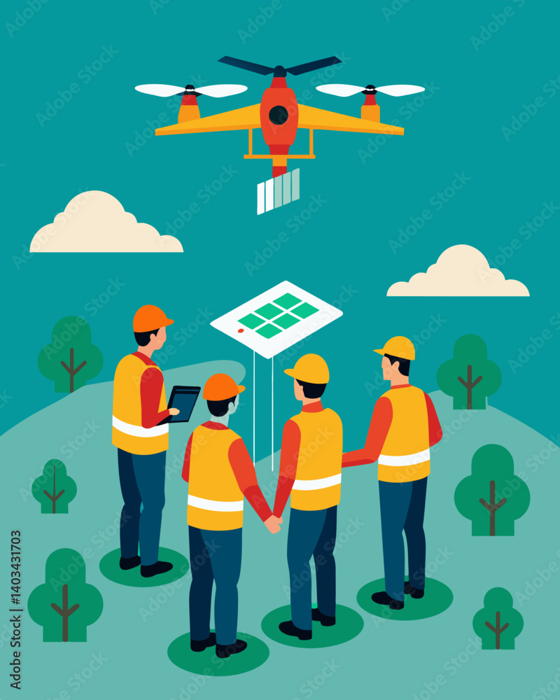 Disaster response teams use solarpowered drones to conduct aerial surveys and map out affected areas aiding in the planning and coordination of relief efforts.. Vector illustration