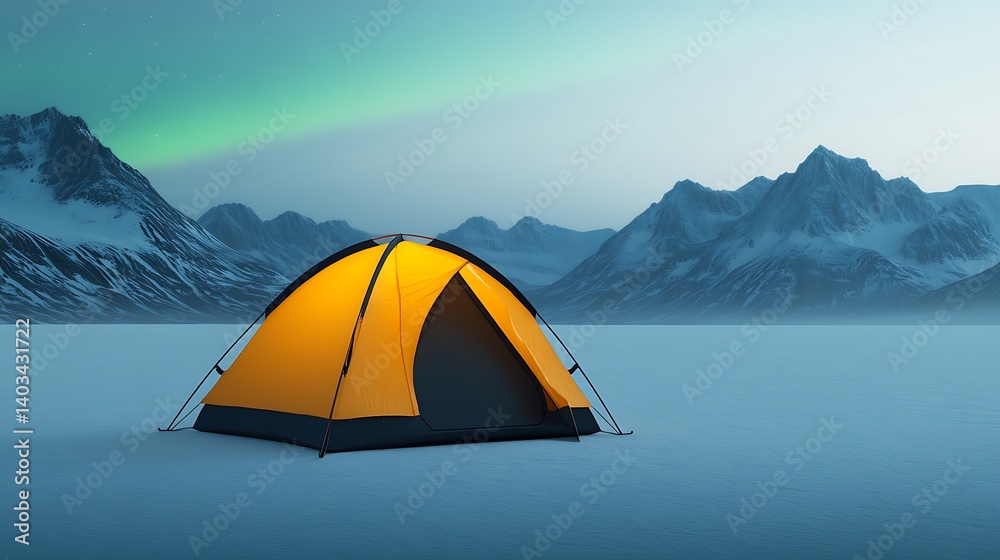 Orange Tent on Snowy Mountain Landscape Under Aurora Borealis Orange Tent on Snowy Mountain Landscape Under Aurora Borealis