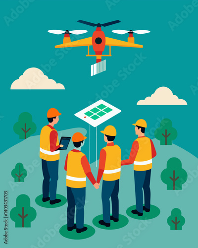 Obraz na płótnie Disaster response teams use solarpowered drones to conduct aerial surveys and map out affected areas aiding in the planning and coordination of relief efforts.. Vector illustration w salonie