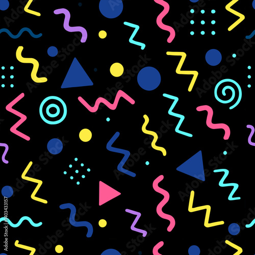Vibrant neon abstract seamless pattern on black background with glowing accents, bold futuristic design, 80s 90s aesthetic.