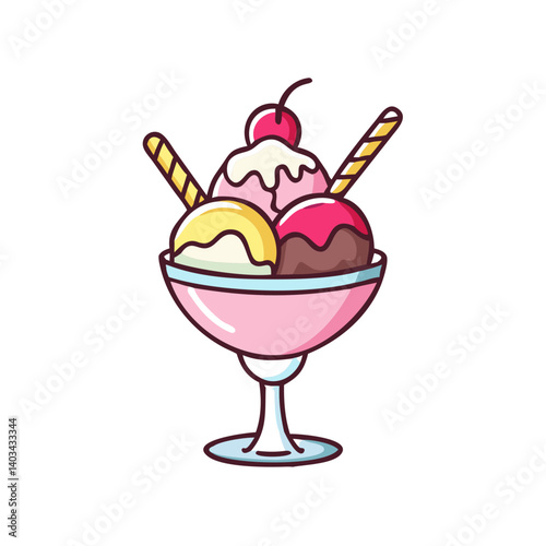 Delicious ice cream sundae vector illustration with cherry and wafer sticks clip art design