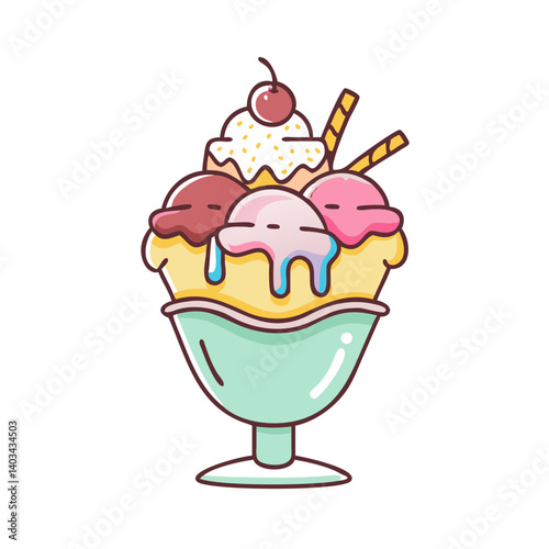 Delicious ice cream sundae vector illustration with cherry and wafer stick toppings dessert art