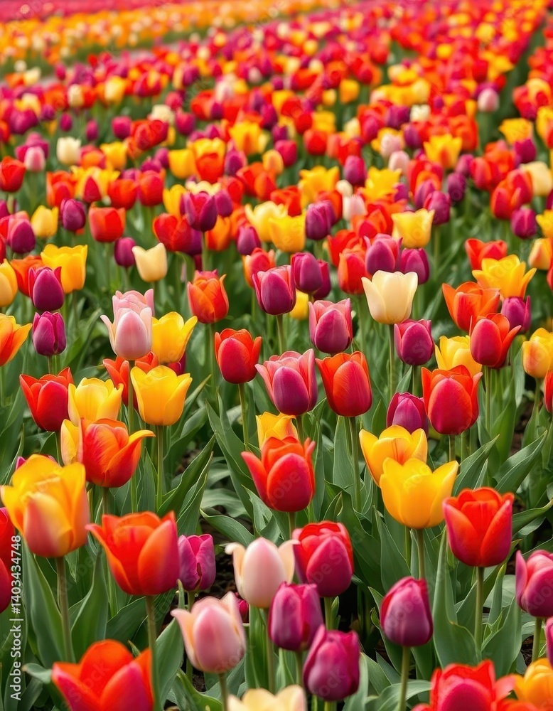 Vibrant field of tulips in full bloom, showcasing a rainbow of colors, beautiful, springtime, red Vibrant field of tulips in full bloom, showcasing a rainbow of colors, beautiful, springtime, red