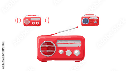 Red retro vintage radio icon. 3d rendering isolated on white background. Cartoon plastic style