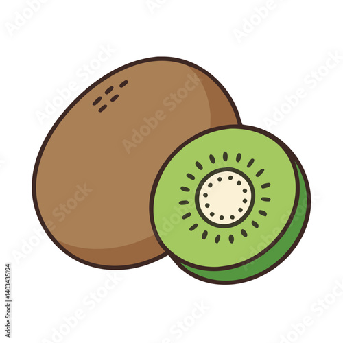 Illustration of fresh kiwi fruit whole and sliced for healthy eating and vitamin c intake