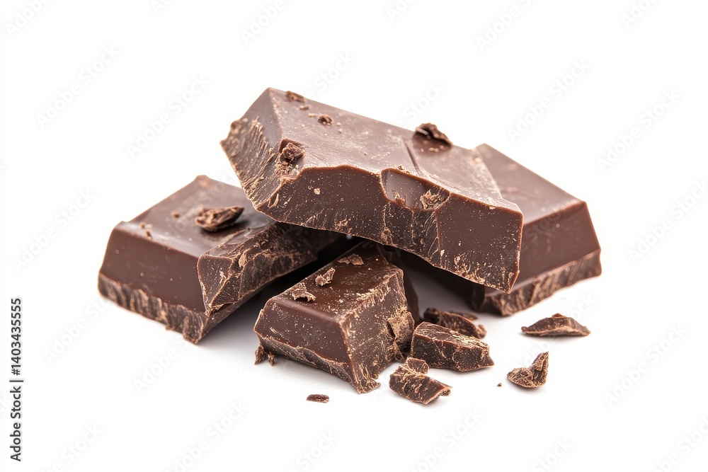 Dark chocolate pieces stacked and broken Dark chocolate pieces stacked and broken