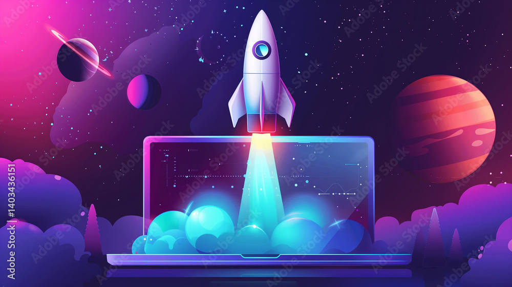 Launching Space Rocket From Laptop Screen,irtual Space Exploration, Digital Transformation, Laptop Propulsion, High-Tech Journey, From Screen to Sky, Power of Technology. Launching Space Rocket From Laptop Screen,irtual Space Exploration, Digital Transformation, Laptop Propulsion, High-Tech Journey, From Screen to Sky, Power of Technology.