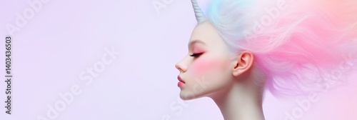 A woman with a unicorn hair style. The hair is pink, blue and purple. The woman is wearing pink lipstick