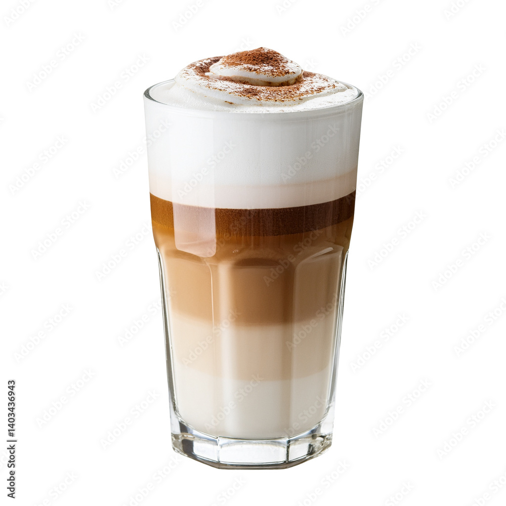 A layered coffee drink with creamy froth on top, showcasing distinct layers of milk and espresso. A layered coffee drink with creamy froth on top, showcasing distinct layers of milk and espresso.