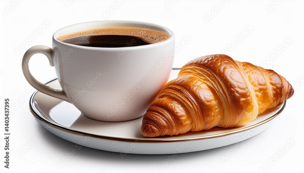 A steaming cup of coffee alongside a flaky croissant on a white plate, creating a delightful breakfast scene. A steaming cup of coffee alongside a flaky croissant on a white plate, creating a delightful breakfast scene.