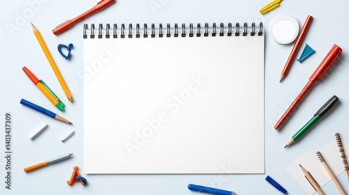 Blank sketchbook surrounded by colorful pencils, pens, and art supplies on a light blue background. Flat lay, top view.