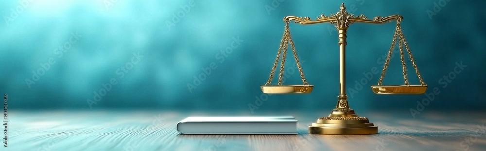 A gold scale sits on a table next to a book A gold scale sits on a table next to a book