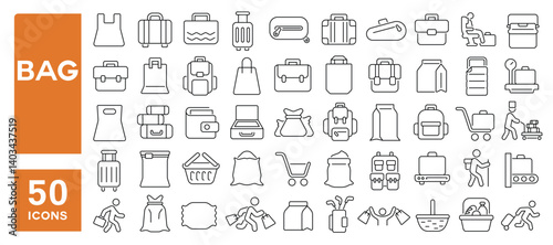 Set of 50 line icons related to bag, luggage, travel bag, shopping, briefcase, suitcase, baggage, pack, case, carry, school bag, Editable stroke. Vector illustration