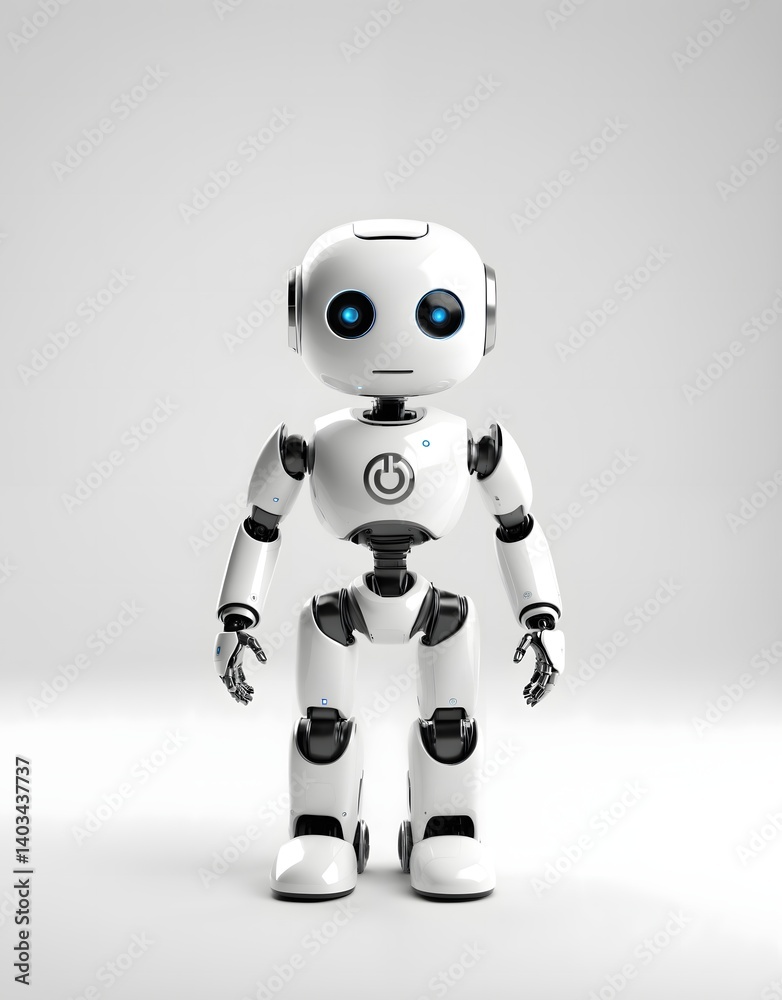 Cute Humanoid Robot Standing on White Background - Futuristic AI Assistant Character in Glossy White Armor Cute Humanoid Robot Standing on White Background - Futuristic AI Assistant Character in Glossy White Armor