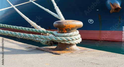 Nautical scene with mooring rope and bollard at dockside