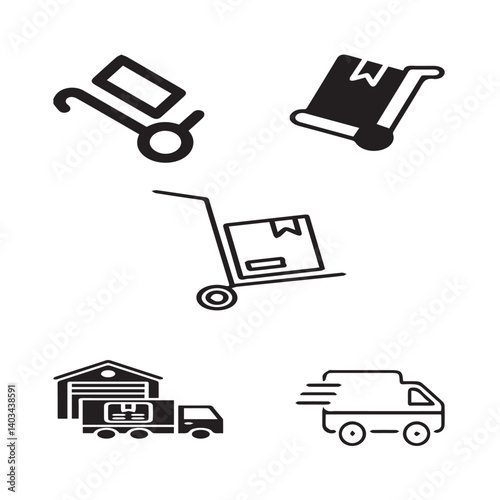 Set of 5 outline delivery and with floral transport, shipment silhouette editable vector isolated 