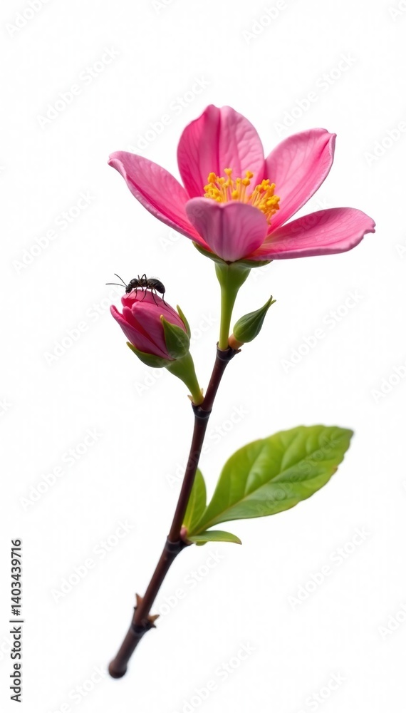 Single branch with small insects on white background, flowers, single, branch Single branch with small insects on white background, flowers, single, branch