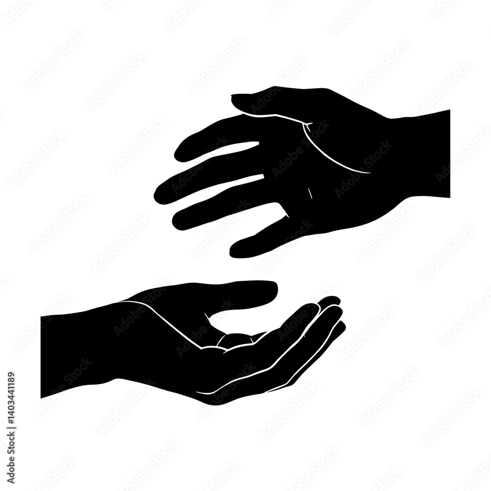 Two Hands Reaching Out in Black Silhouette on White Background Two Hands Reaching Out in Black Silhouette on White Background