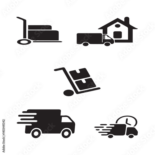 Set of 5 outline delivery and with floral transport, shipment silhouette editable vector isolated 