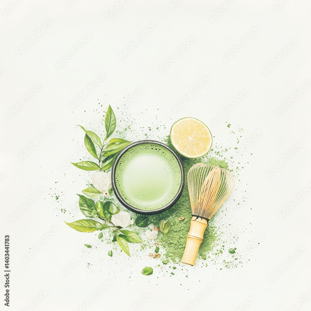 Overhead view of matcha green tea powder, a bowl of prepared matcha, a bamboo whisk, lime and green leaves on a white background. Overhead view of matcha green tea powder, a bowl of prepared matcha, a bamboo whisk, lime and green leaves on a white background.