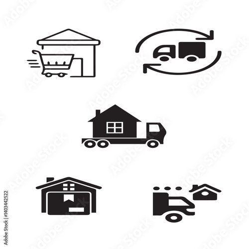 Set of 5 outline delivery and with floral transport, shipment silhouette editable vector isolated 