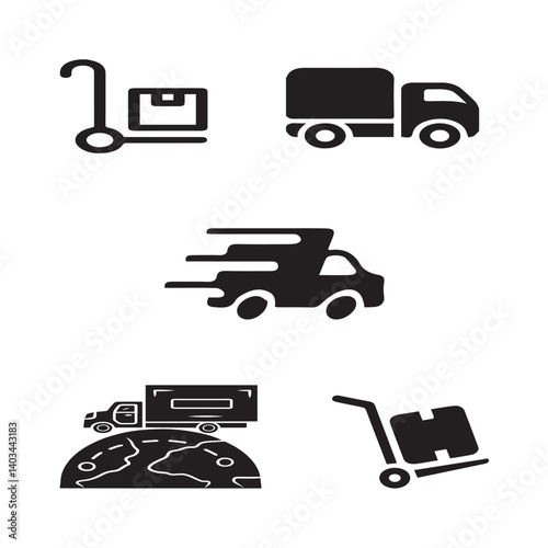 Set of 5 outline delivery and with floral transport, shipment silhouette editable vector isolated 