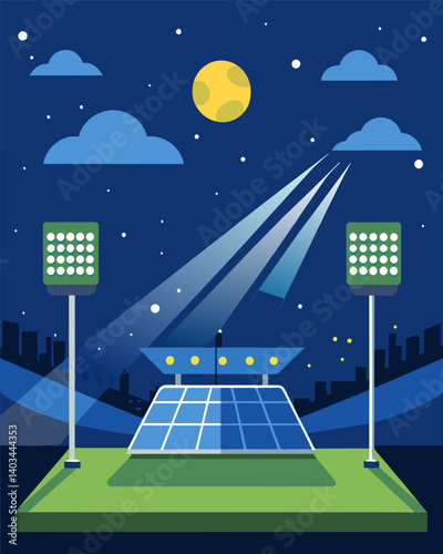 As the games continue into the night the bright lights of the stadium shine powered by the suns renewable energy harnessed by the solar panels.. Vector illustration