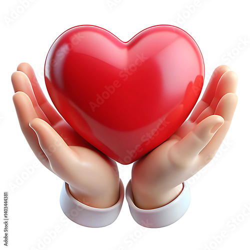 3D Hands Holding Red Heart Cartoon Plastic Style Icon Isolated on Transparent Background
