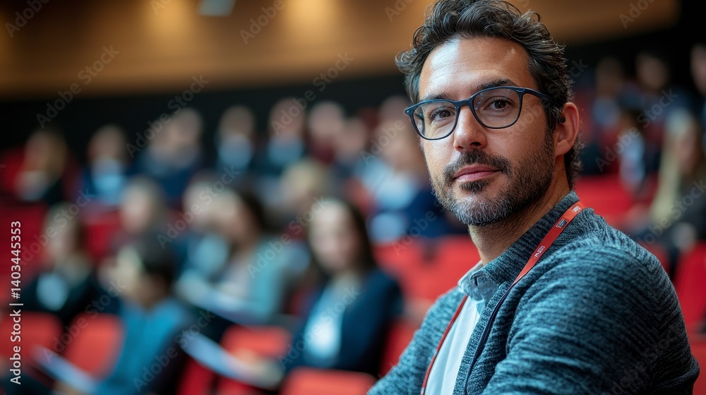 Fototapeta premium Attentive man in glasses at conference event with audience in background focused on speaker presentation in modern setting