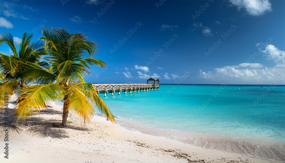 tropical beach with palm trees and pier grand turk turks and caicos tropical beach with palm trees and pier grand turk turks and caicos
