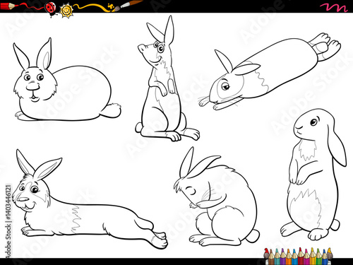 cartoon miniature rabbits animal characters set coloring page