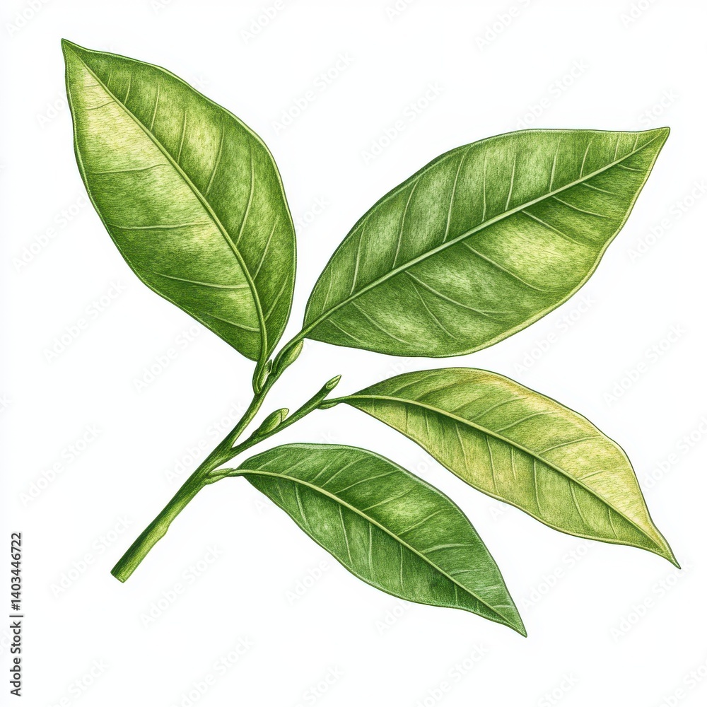 Obraz premium Detailed Illustration of Bitter Orange Foliage. Organic Herb Closeup with Aroma Essence on White Background