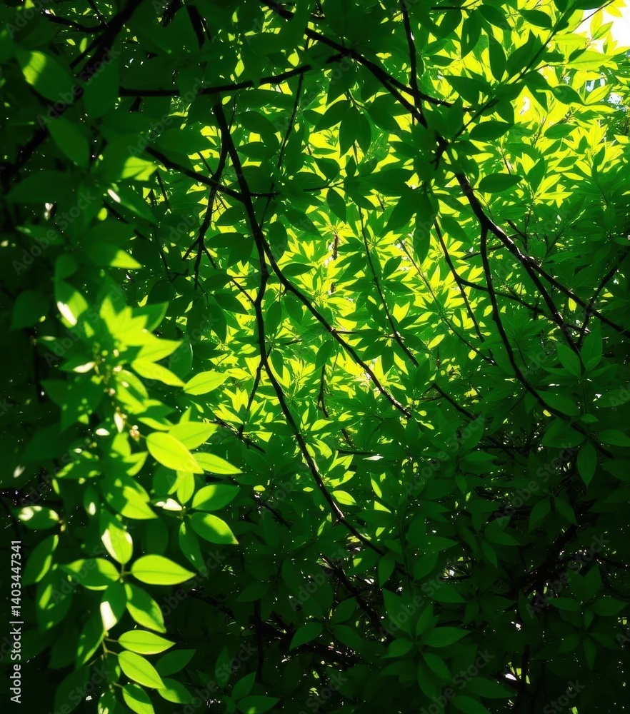 Intricate network of vibrant green leaves, sunlight dappled , summer, pattern Intricate network of vibrant green leaves, sunlight dappled , summer, pattern