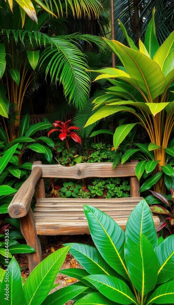 Fototapeta premium Rustic wooden bench nestled amongst lush tropical foliage, earthy tones, botany, wildlife, peace