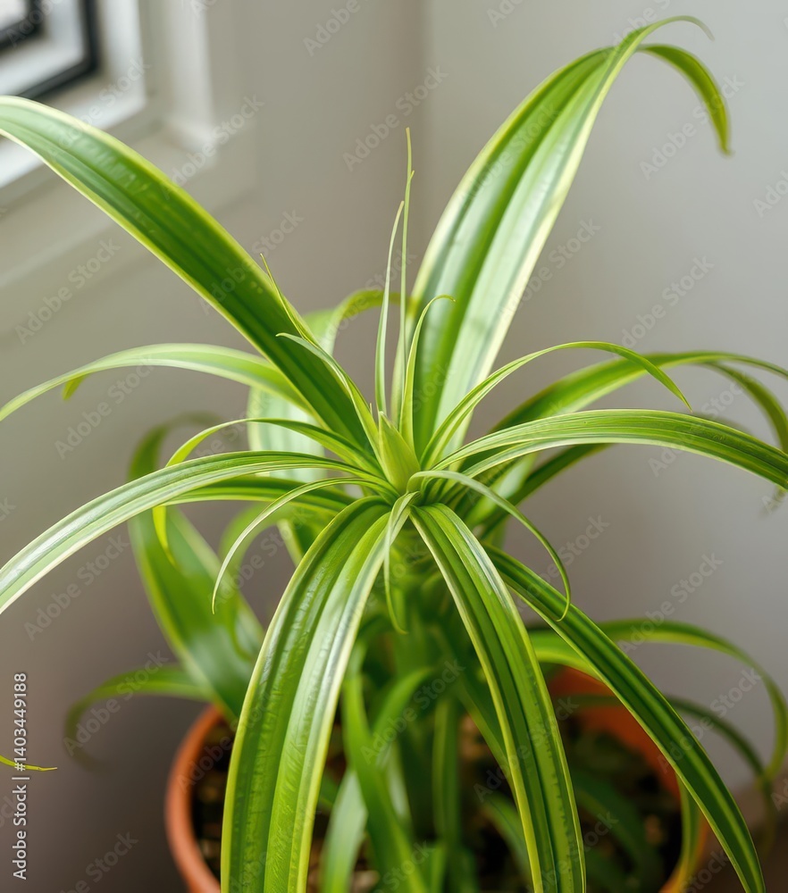 Spider plant in pot, showcasing long, arching leaves and plantlets, botany, plant propagation Spider plant in pot, showcasing long, arching leaves and plantlets, botany, plant propagation