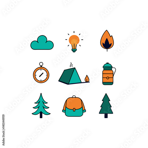 camping set of vector doodle icon on transparent background