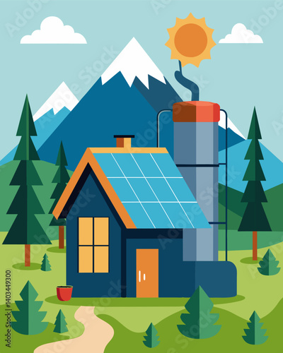 An offgrid cabin in the woods relies solely on a solar water heater providing a modern convenience without the need for traditional utility services.. Vector illustration