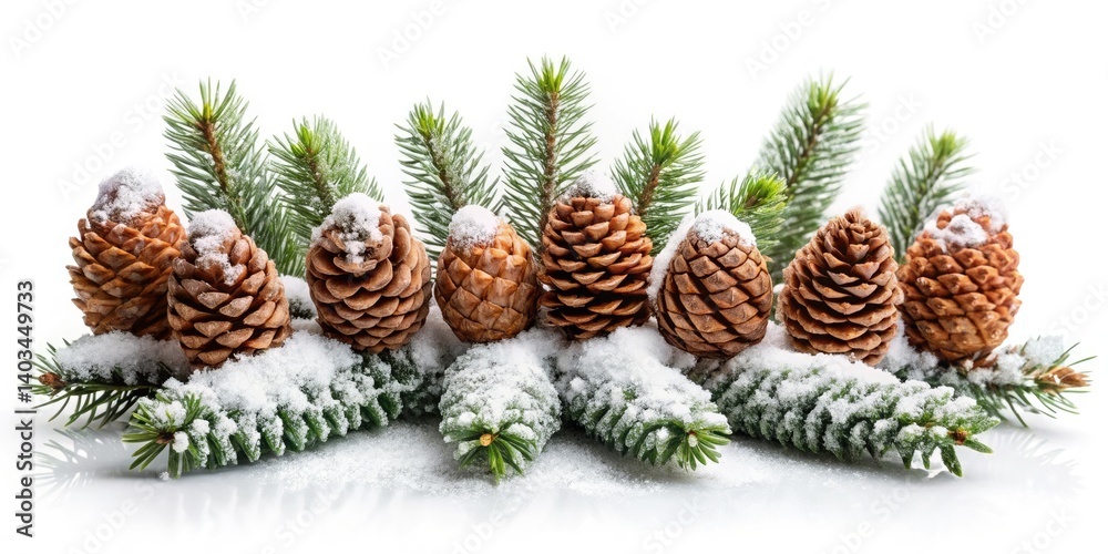 Fototapeta premium Snowy Spruce Cones, Winter Wonderland, Icy Pine Cones, Bokeh Background, Macro Photography, Frozen Nature